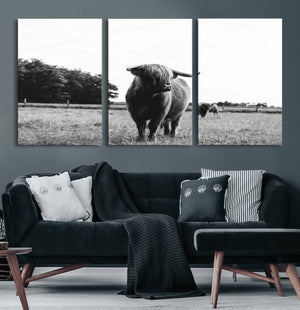 Black and White Highland Cow Wall Art Canvas Print | Rustic