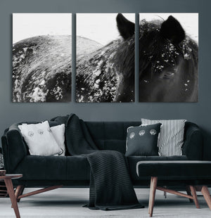 Black Horse in Snow Canvas Print | Winter Horse Wall Art |