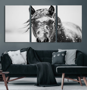 Western Wall Art | Black and White Winter Horse Wall Art |