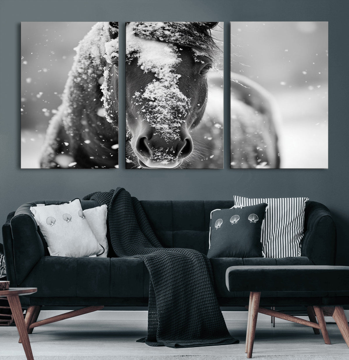 Black and White Horse Winter Wall Art | Ready to Hang and