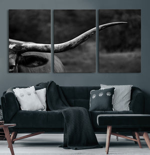Cow Longhorn Wall Art | Black and White Print | Ready to