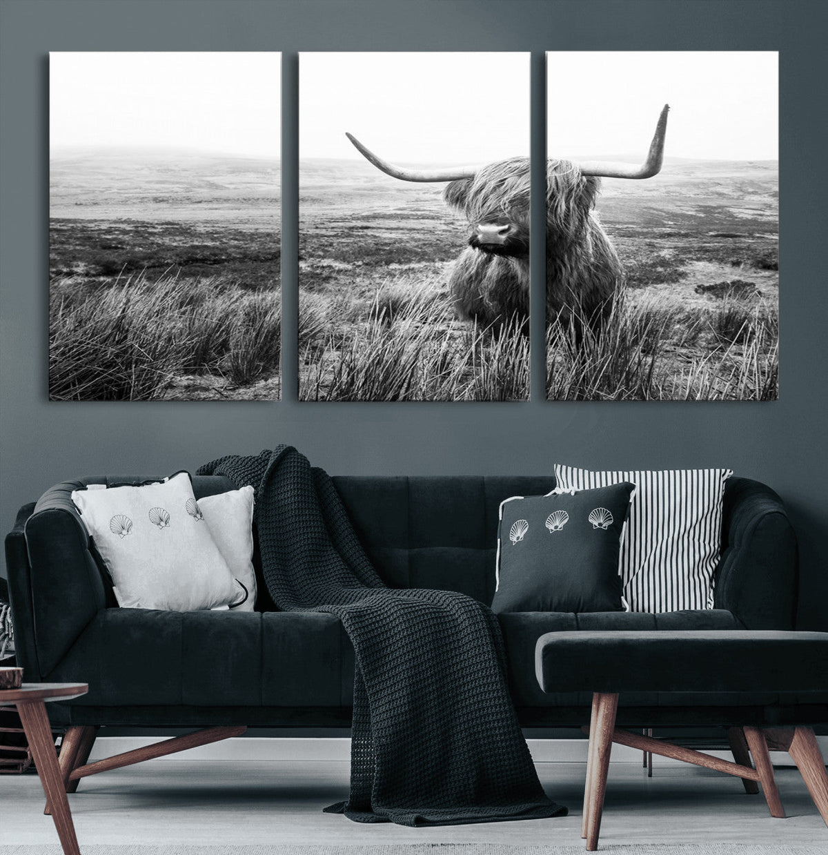 Scottish Highland Cow Wall Art | Black and White Canvas