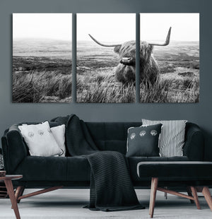 Scottish Highland Cow Wall Art | Black and White Canvas
