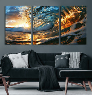 Ocean Wave at Sunset Canvas Wall Art – Vibrant Coastal Beach
