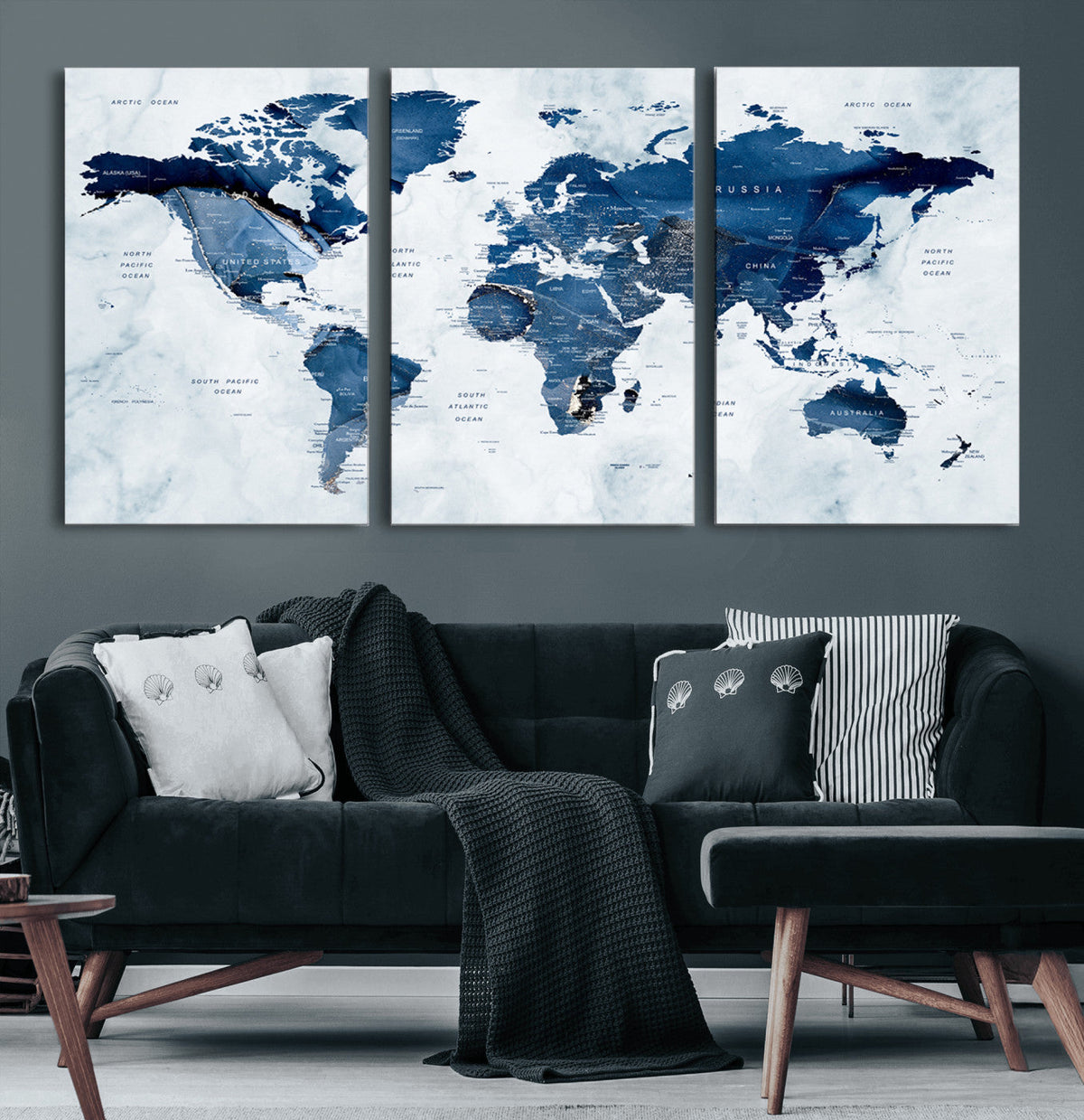 Modern Blue World Map Canvas Print – Framed Wall Art,