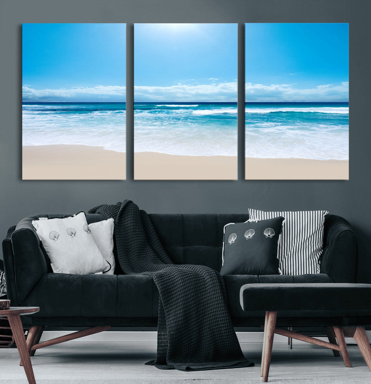 Wall Art Canvas Print Shiny Blue Sea and Beach