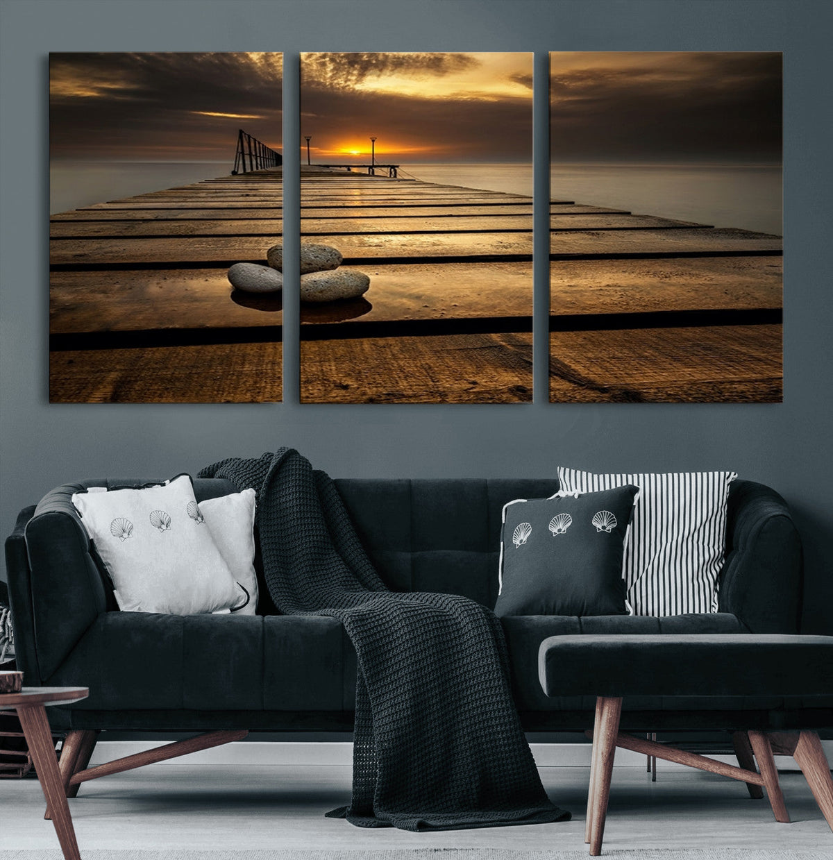 Stones on Wooden Pier at Sunset Canvas Print, Serene Coastal