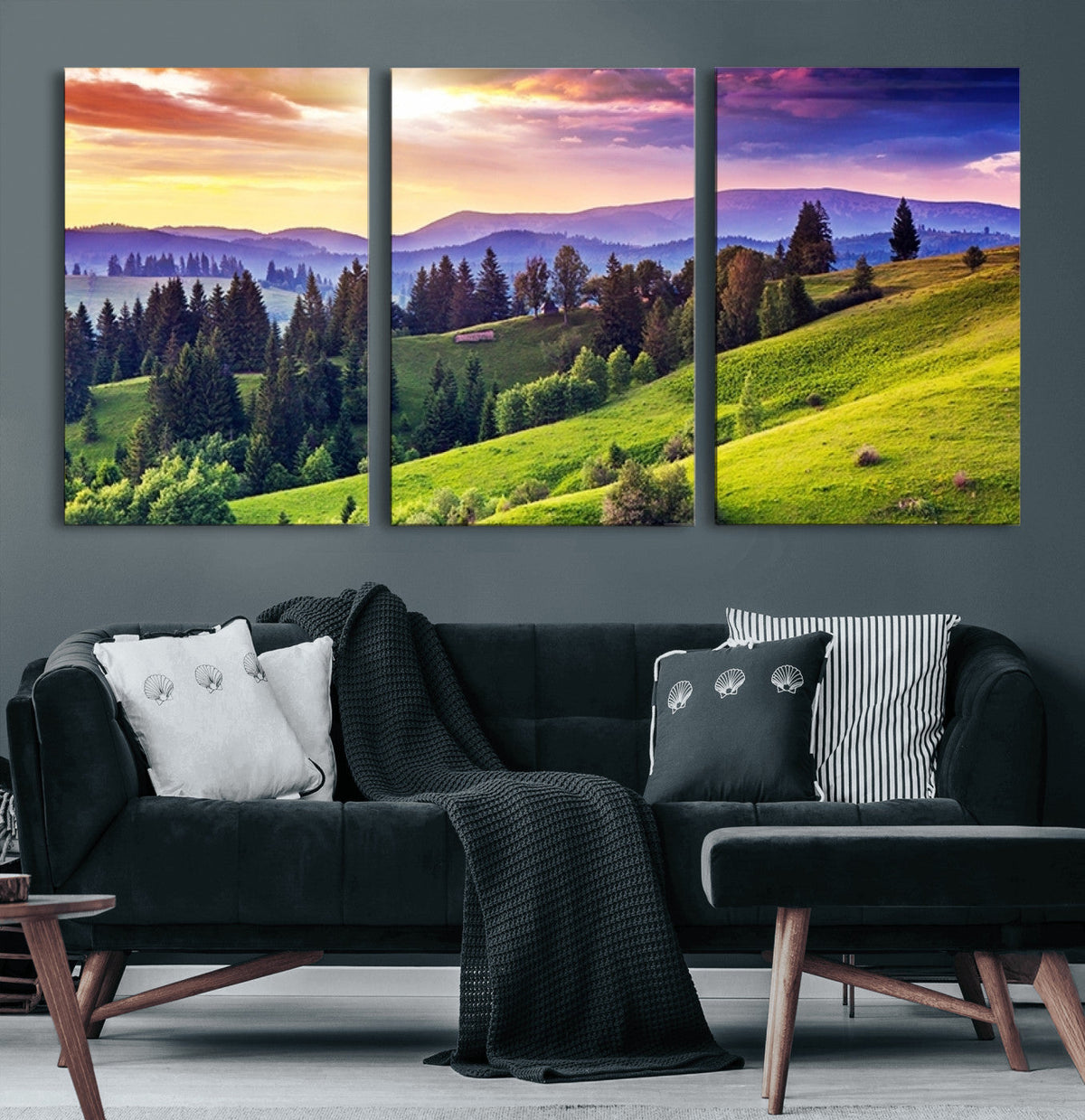 Green Hills and Sunset Wall Art Print - Scenic Landscape