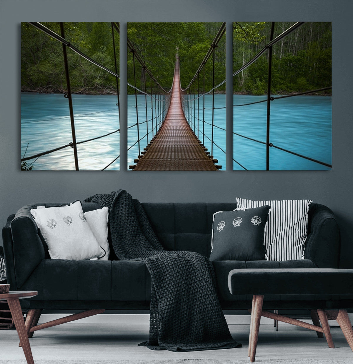 Suspension Bridge Over River Canvas Art | 3-Panel Nature