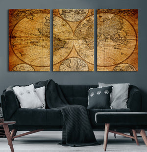Vintage World Map Canvas Print – Antique Push Pin Travel