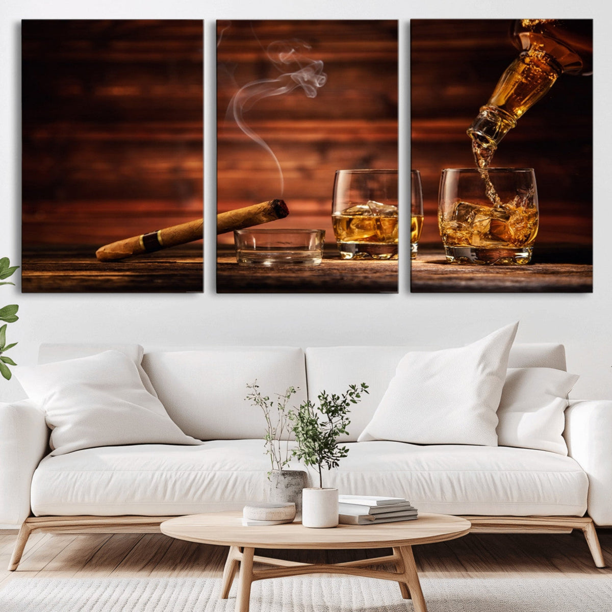 Whiskey and Cigar Wall Art Canvas | 3 Panel Bar Room Decor