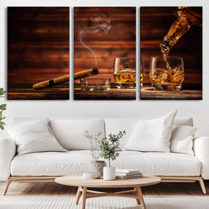 Whiskey and Cigar Wall Art Canvas | 3 Panel Bar Room Decor