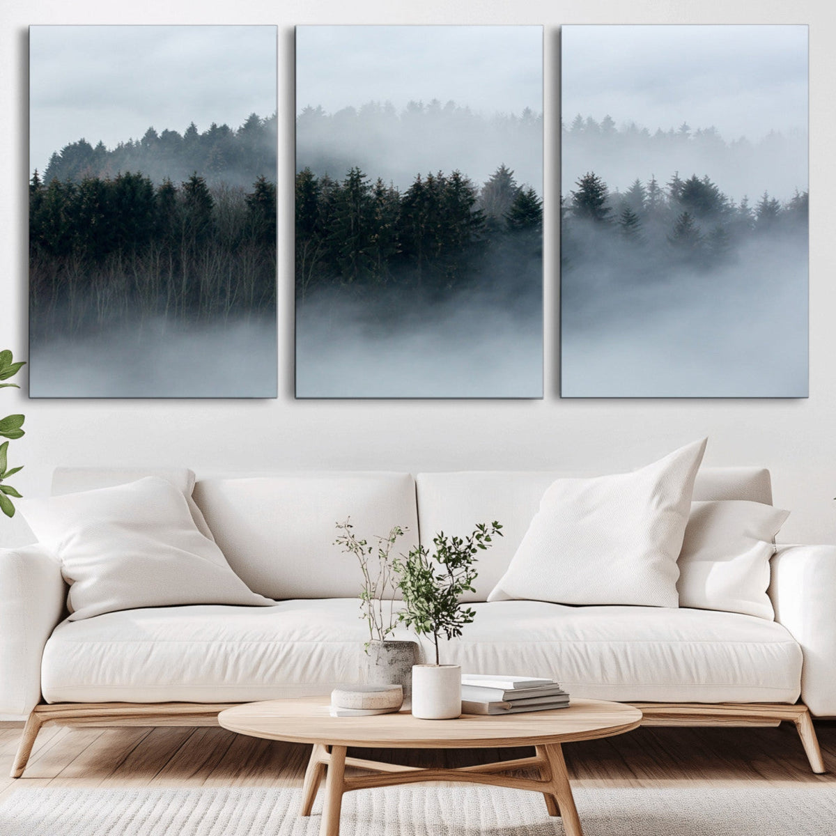Autumn and Misty Trees in the Forest Wall Art Canvas Print,