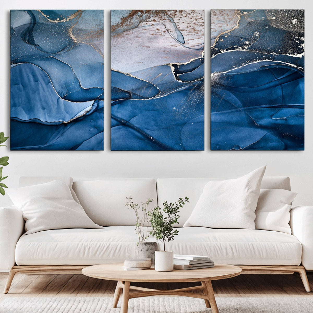Navy Blue Canvas Art Abstract Print – Elegant Triptych