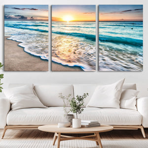 Sunset Beach Waves Canvas Wall Art – 5-Panel Ocean Sunset