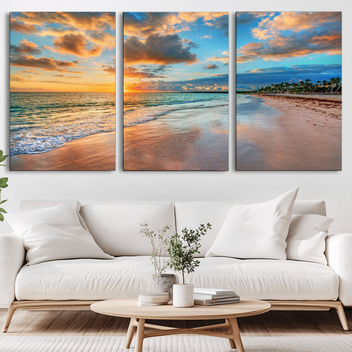 Sunset Ocean Waves on Tropical Beach, 3-Panel Giclee Canvas
