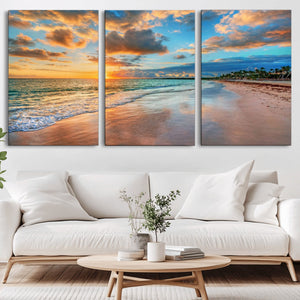 Sunset Ocean Waves on Tropical Beach, 3-Panel Giclee Canvas