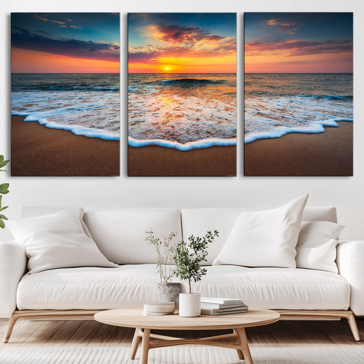 Sunset Beach Canvas Wall Art – Colorful Ocean Waves Triptych
