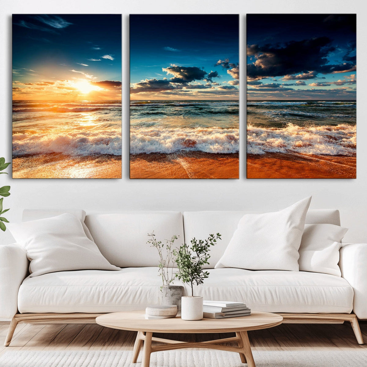 Golden Hour Sunset Over Ocean Waves Wall Art Canvas Print |