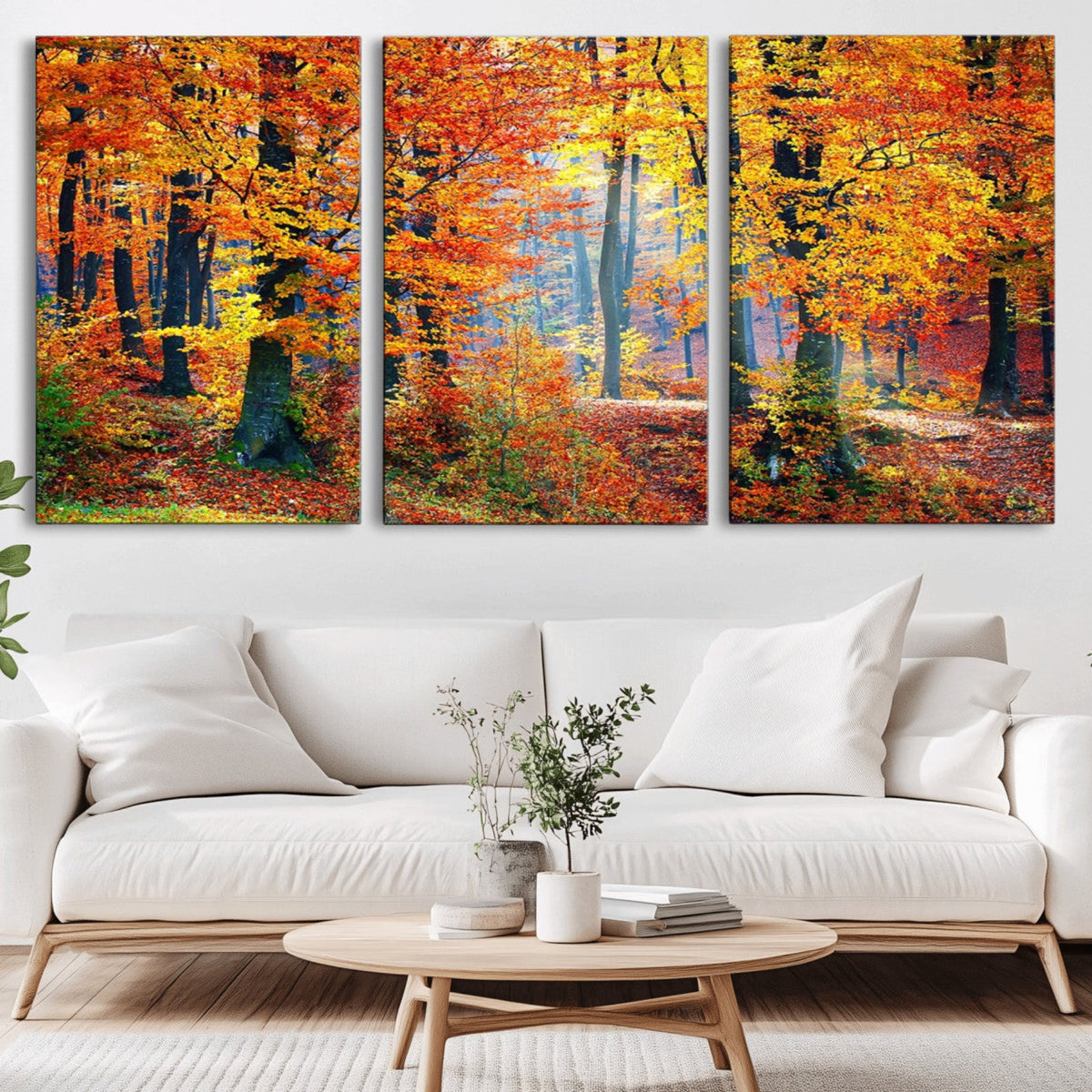 Autumn Red Forest Triptych Canvas Wall Art Print, Forest