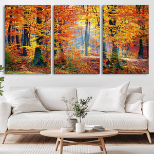Autumn Red Forest Triptych Canvas Wall Art Print, Forest