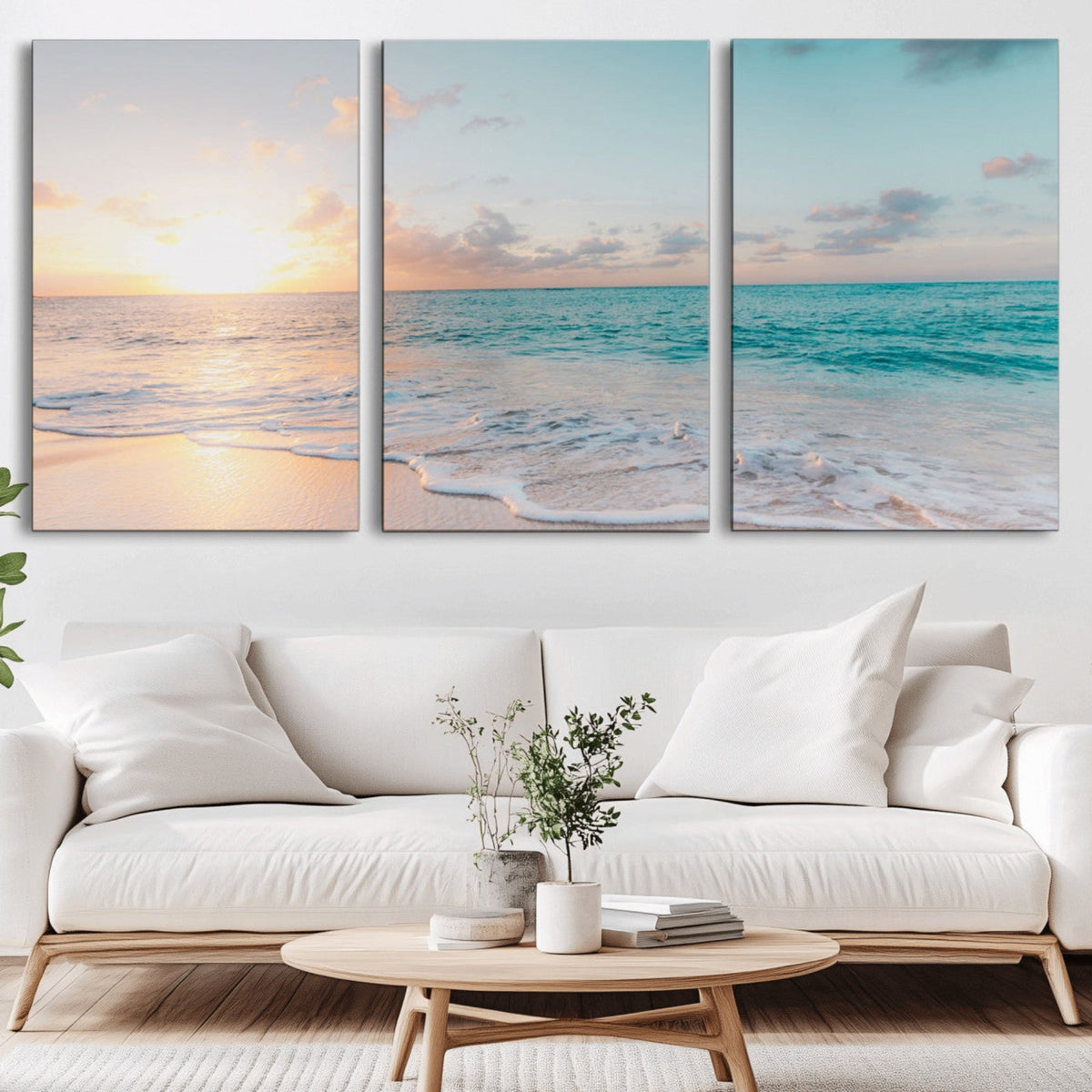 Tranquil Ocean Beach Sunset Canvas Wall Art | 3-Panel