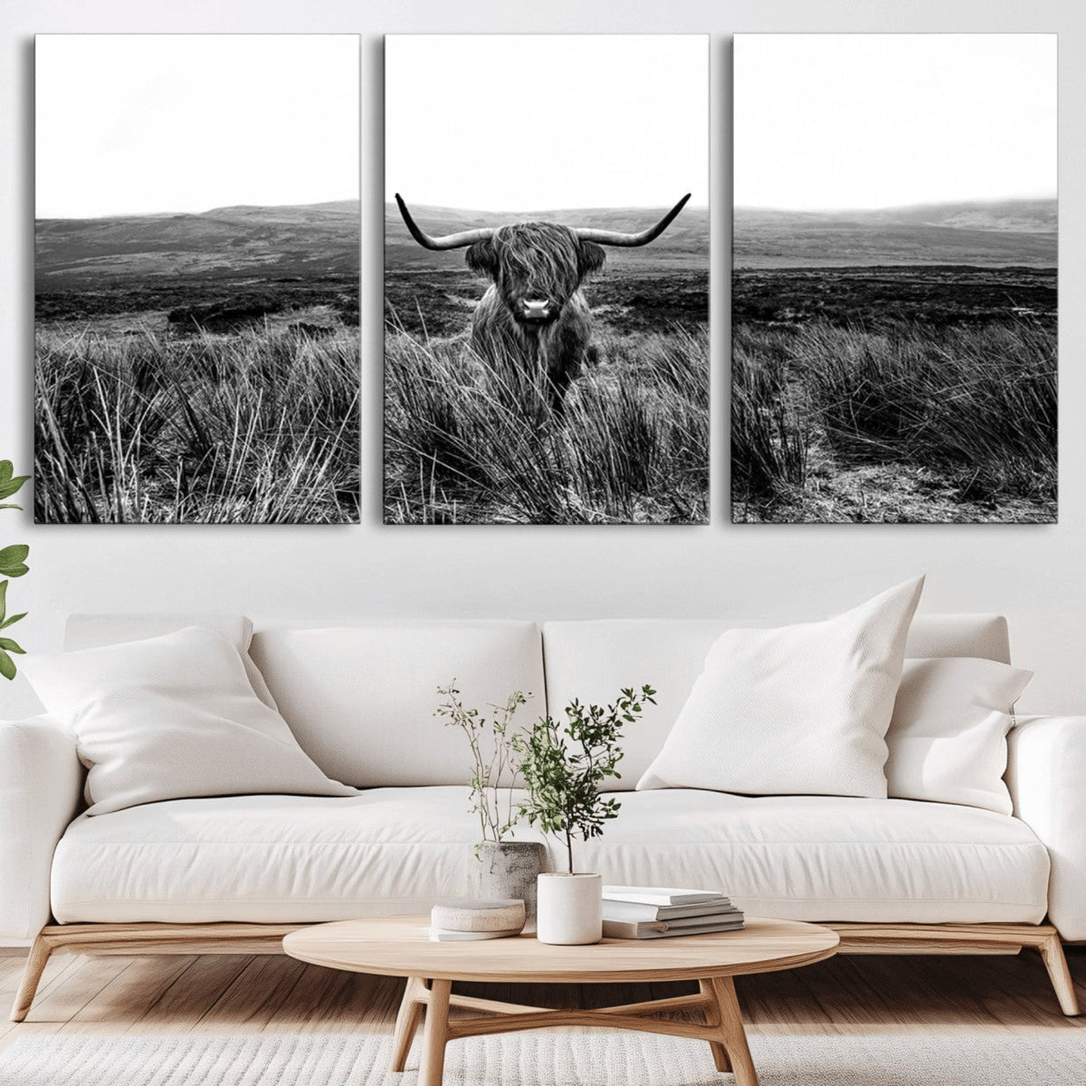 Black and White Highland Cow Canvas Wall Art, Longhorn