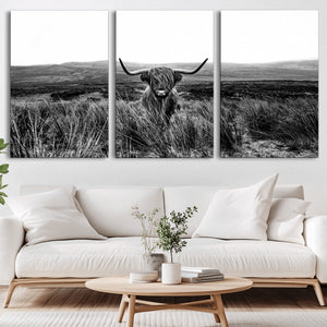 Black and White Highland Cow Canvas Wall Art, Longhorn