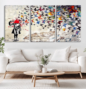 Banksy Art Butterfly Girl Explosion Canvas Art – Vibrant
