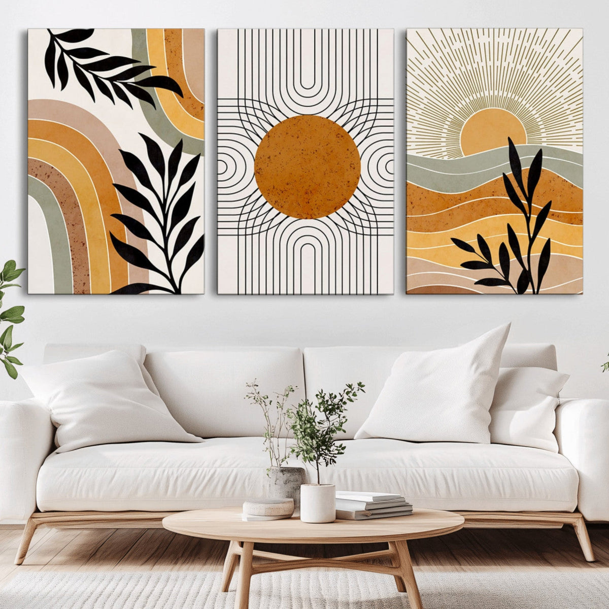 Modern Boho Sun and Leaf Abstract Art – 3-Panel Giclée