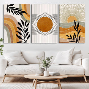 Modern Boho Sun and Leaf Abstract Art – 3-Panel Giclée