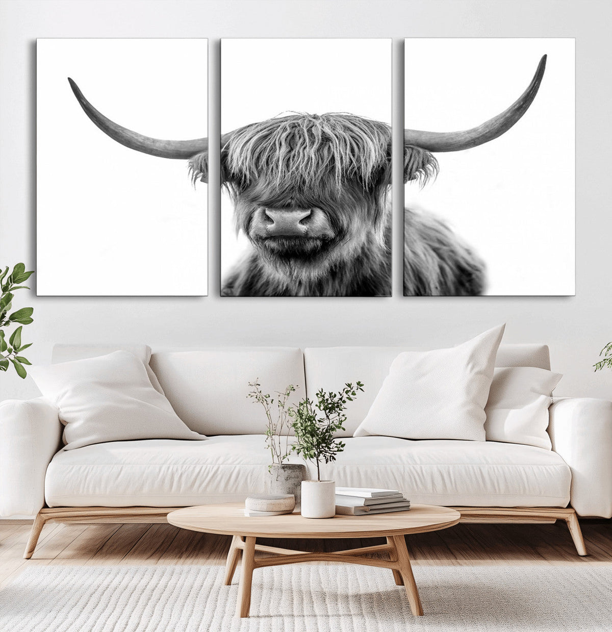 Grayscale Scottish Highland Cow Cattle Art Print Farmhouse