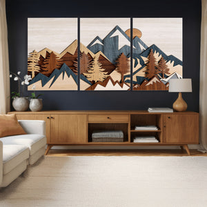 Rustic Abstract Wood Panel Effect Canvas Mountain Range Top