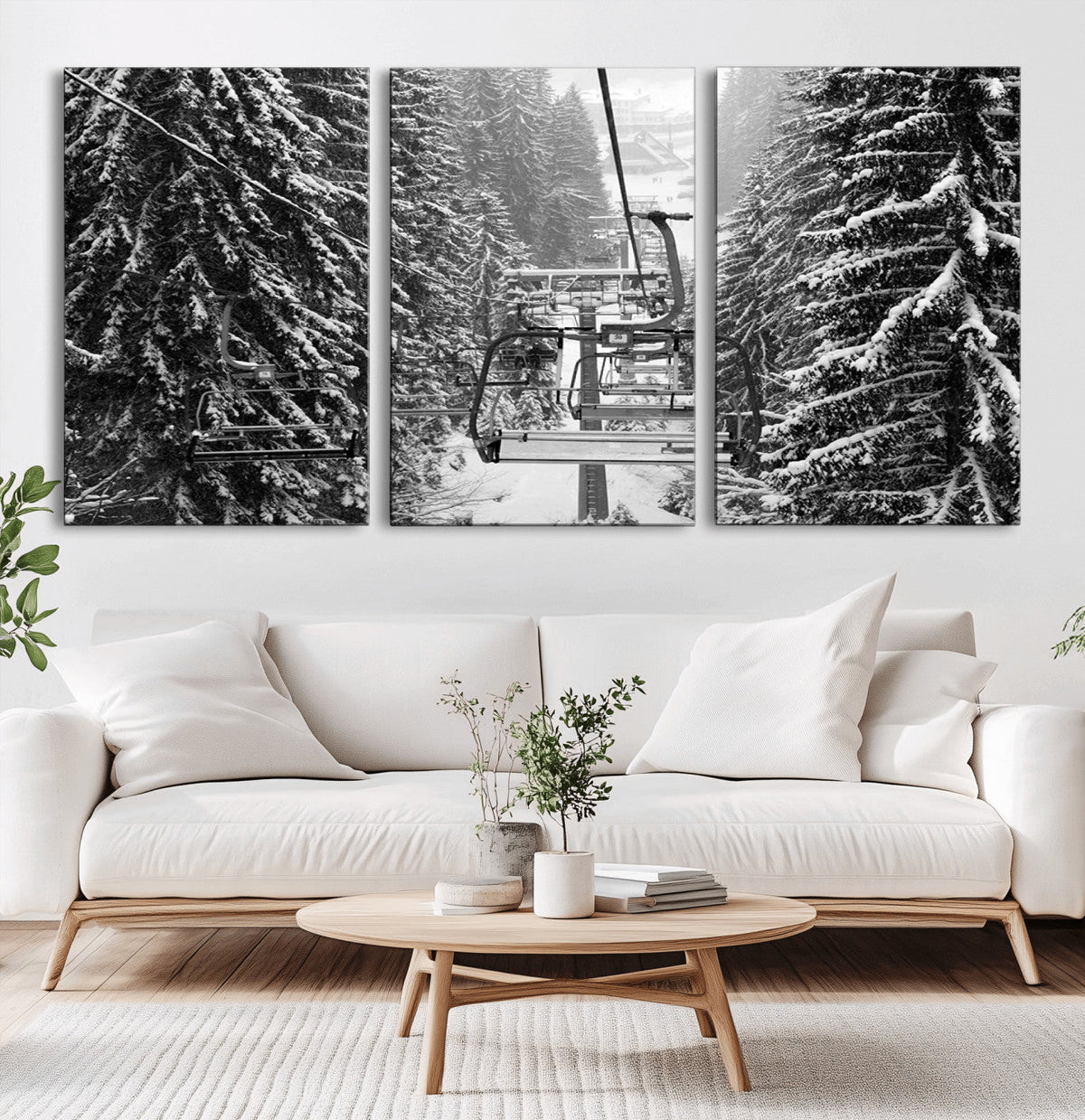 Winter Ski Lift Black and White Canvas Wall Art – Alpine