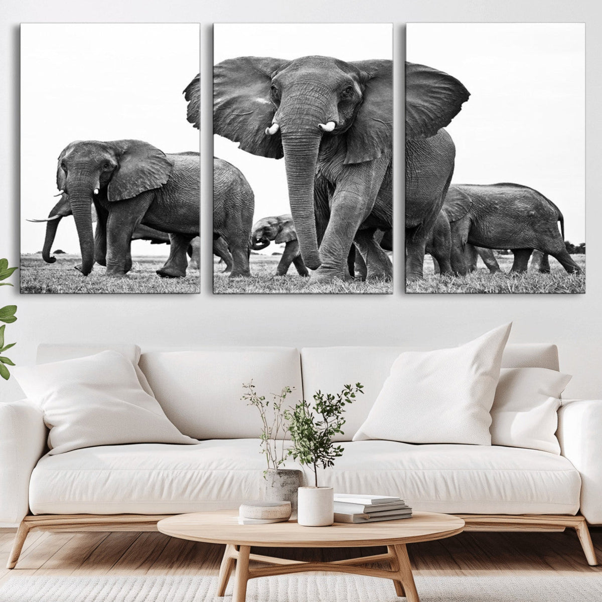 Black White Elephant Family Wall Art Canvas Print