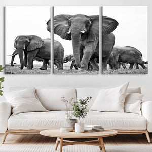 Black White Elephant Family Wall Art Canvas Print
