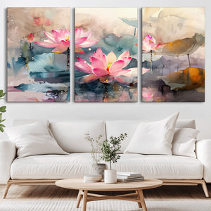 Lotus Flower Wall Art | 3-Panel Giclee Canvas Print of Pink