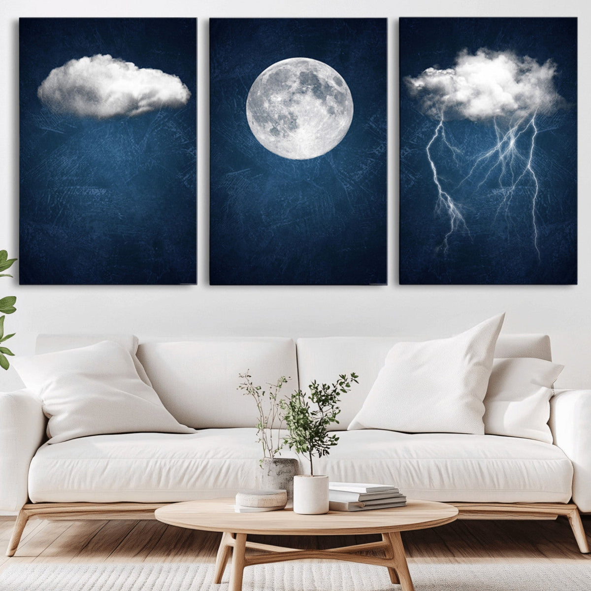 Dark Blue Cloud Art, 3 Piece Indigo Blue Wall Art, Aesthetic