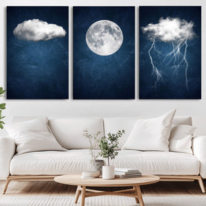 Dark Blue Cloud Art, 3 Piece Indigo Blue Wall Art, Aesthetic