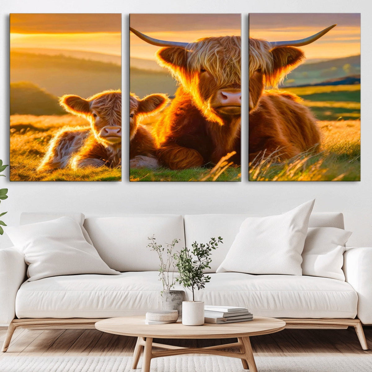 Scottish Cow and Baby Cow Canvas Wall Art Animal Print