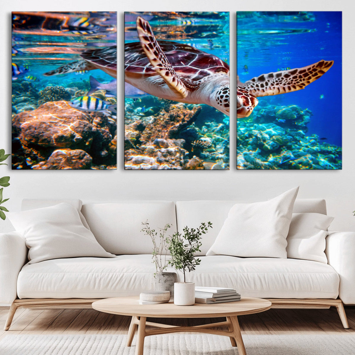 Underwater Coral Reef Sea Turtle Wall Art Canvas Print,