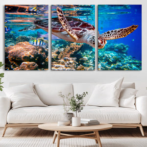 Underwater Coral Reef Sea Turtle Wall Art Canvas Print,