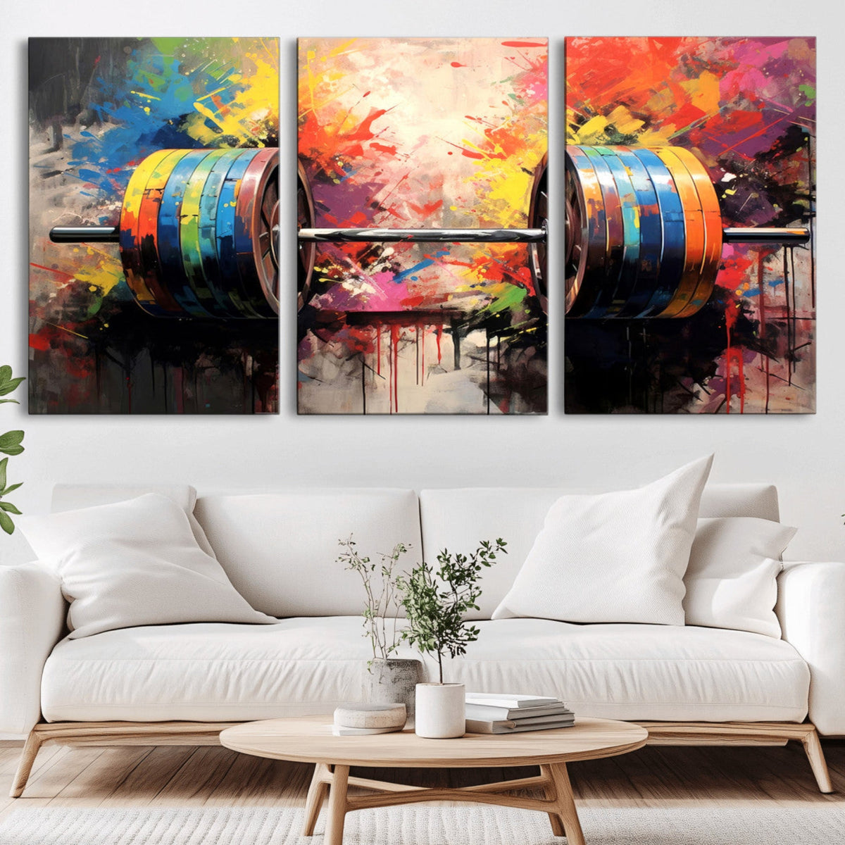 Weightlifting Barbell Art Triptych, Bold Abstract Fitness