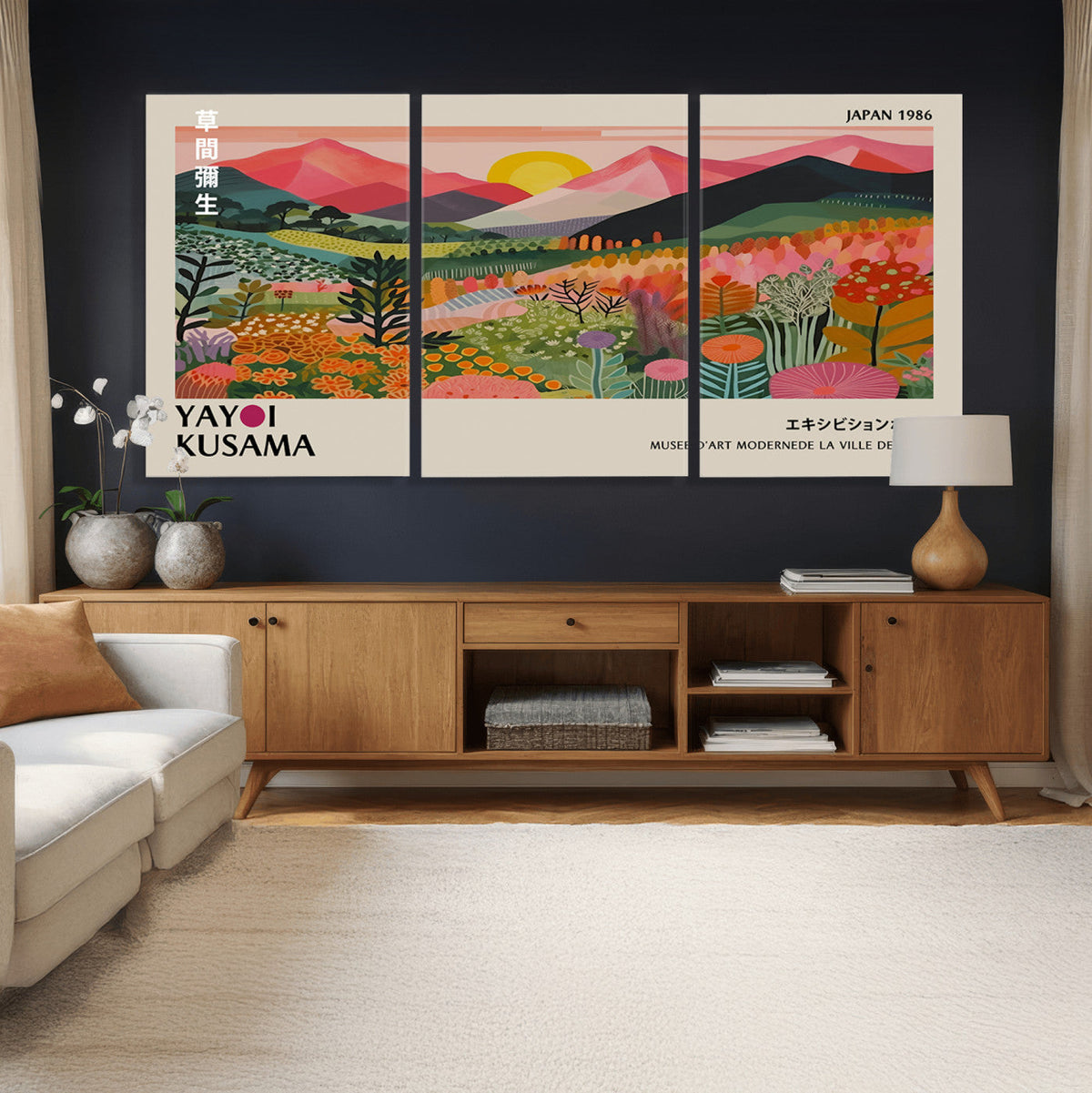 Yayoi Kusama Landscape Canvas Print, Vibrant Floral Mountain Art Print, Framed Botanical Wall Art -