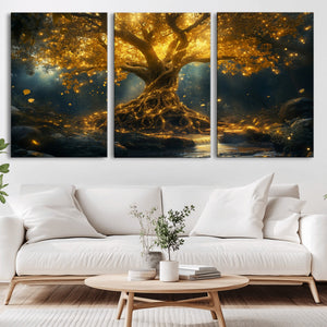 Golden Tree of Life Canvas Wall Art Print - Majestic Glowing