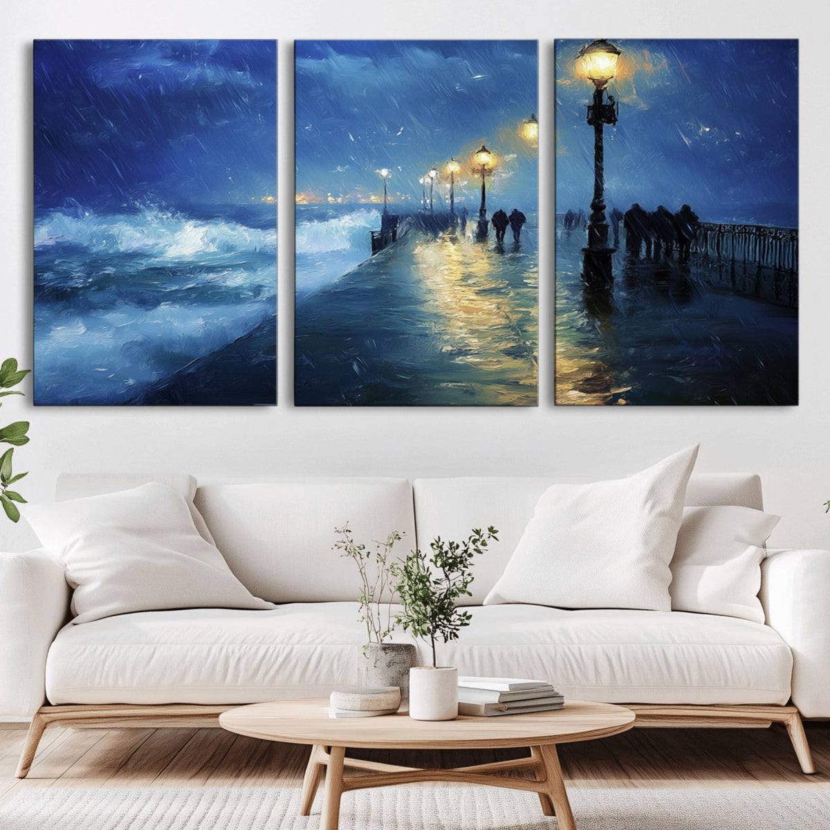 Storm Ocean Pier Canvas Wall Art Print - Large Moody Night