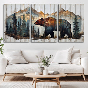 Rustic Grizzly 399 Bear and Mountain Wood Canvas Wall Art -