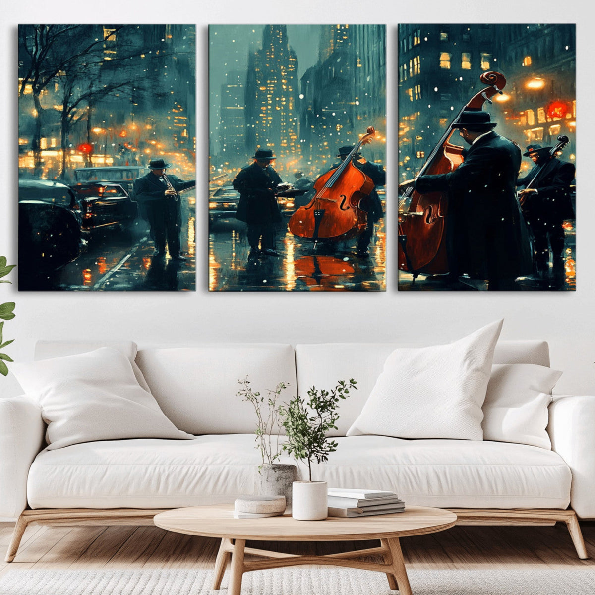 Urban Night Jazz Wall Art Canvas Print – Moody Rain-Soaked