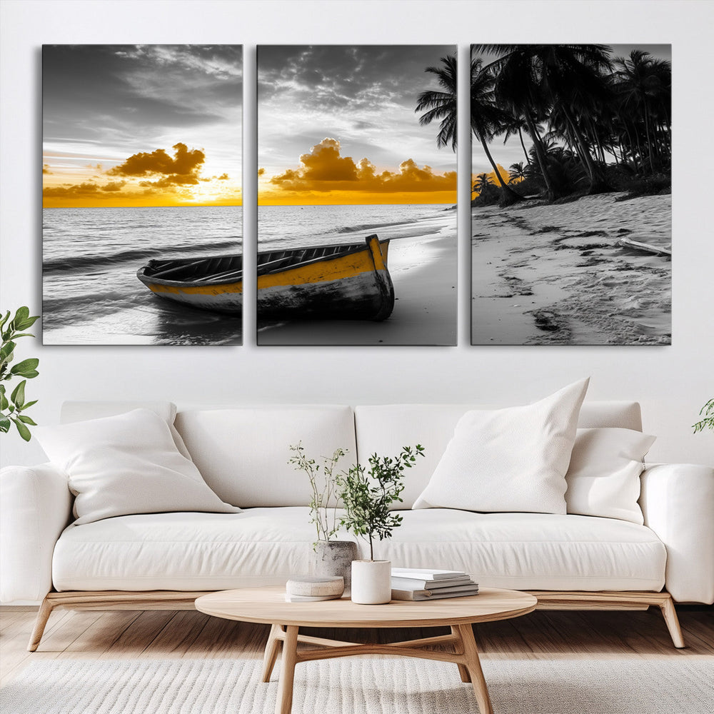 Yellow Rowboat Wall Art – Framed Tropical Shoreline Canvas