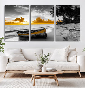Yellow Rowboat Wall Art – Framed Tropical Shoreline Canvas